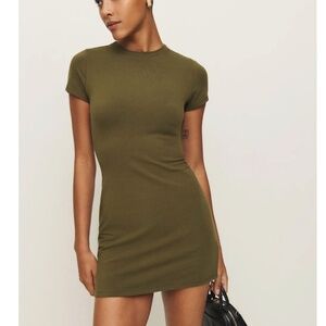Reformation Nadia Knit Short Sleeve Mini Dress Olive - Small